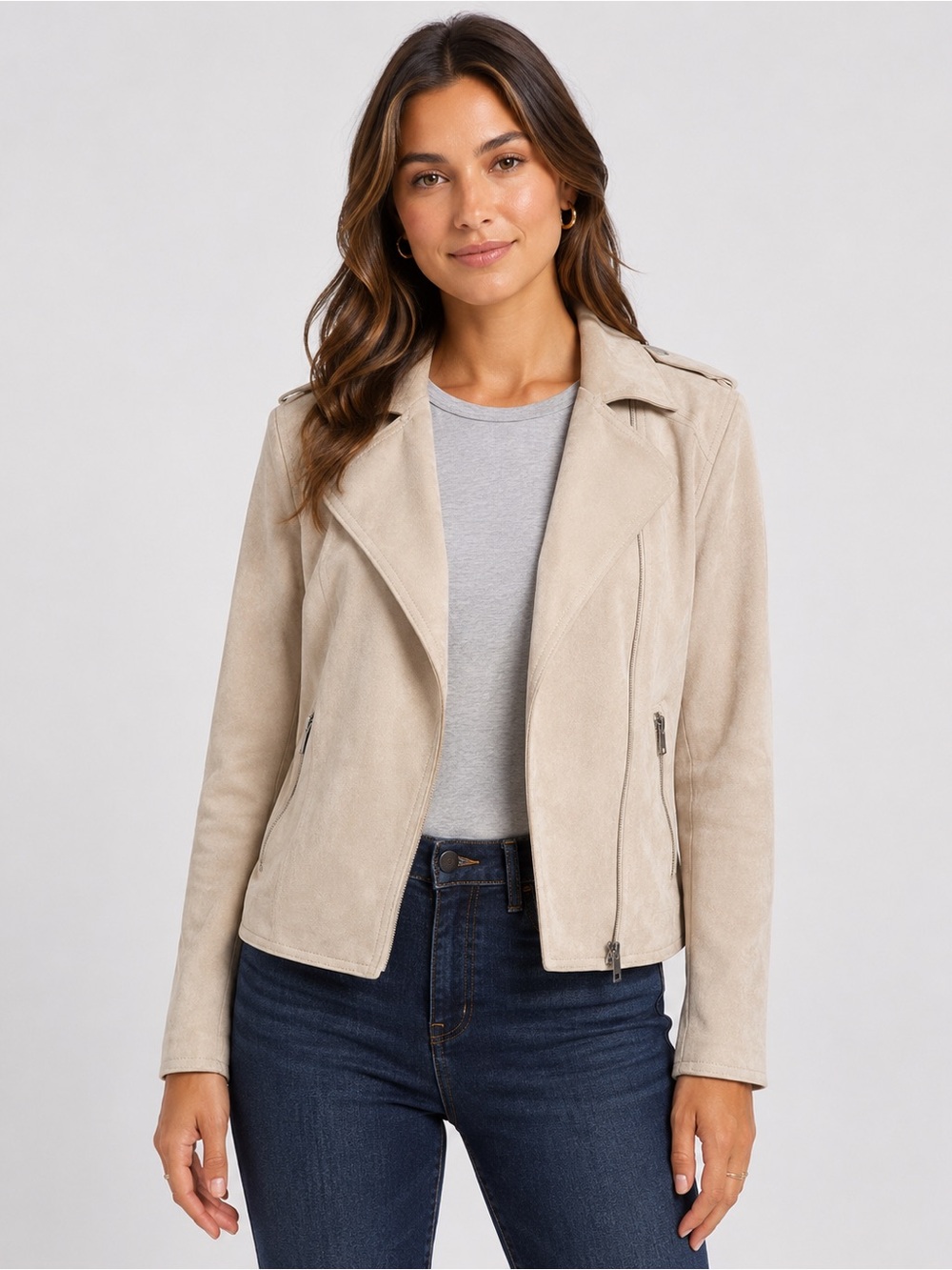 T Tahari Faux Suede Moto Jacket Bone Beige – Size M NWT